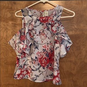 Ruffle floral shoulder cut out blouse